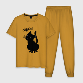 Мужская пижама хлопок с принтом Кошка Луна Meow в Новосибирске, 100% хлопок | брюки и футболка прямого кроя, без карманов, на брюках мягкая резинка на поясе и по низу штанин
 | anime cat | black cat | cat | cute | kawaii | kitten | kitty | luna | meow | sailor moon | sailormoon | smile | аниме котик | кавайный | кавайный котик | киска | котенок | котик | кошак | кошка | луна | милый котенок | минимализм | мур | мяу