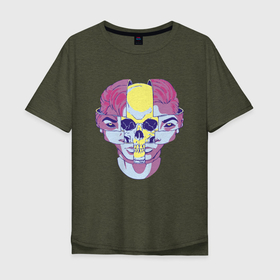 Мужская футболка хлопок Oversize с принтом Психоделический череп в Тюмени, 100% хлопок | свободный крой, круглый ворот, “спинка” длиннее передней части | Тематика изображения на принте: eyes | hype | orbits | psychedelics | skull | глаза | глазницы | губы | зубы | психоделика | хайп | череп
