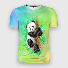 Мужская футболка 3D Slim с принтом ПАНДА | PANDA | ЦВЕТНЫЕ КРАСКИ в Курске, 100% полиэстер с улучшенными характеристиками | приталенный силуэт, круглая горловина, широкие плечи, сужается к линии бедра | panda | бамбуковый медведь | большая панда | медведь | медведь кошка | панда | пиньинь | пятнистый медведь | черно белый медведь