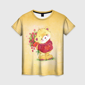 Женская футболка 3D с принтом С 8 марта в Белгороде, 100% полиэфир ( синтетическое хлопкоподобное полотно) | прямой крой, круглый вырез горловины, длина до линии бедер | 8 марта | арт | графика | медведь | праздник | цветы