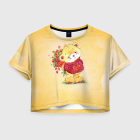 Женская футболка Crop-top 3D с принтом С 8 марта в Новосибирске, 100% полиэстер | круглая горловина, длина футболки до линии талии, рукава с отворотами | 8 марта | арт | графика | медведь | праздник | цветы