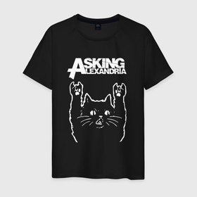 Мужская футболка хлопок с принтом Asking Alexandria Рок кот в Новосибирске, 100% хлопок | прямой крой, круглый вырез горловины, длина до линии бедер, слегка спущенное плечо. | asking alexandria | аскин александрия | аскинг александриа | аскинг александрия | группы | метал | музыка | рок | рок кот | роккот | хэви метал | электроникор
