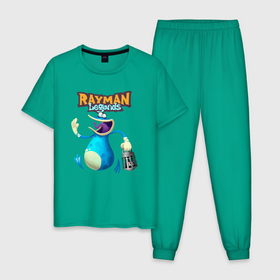 Мужская пижама хлопок с принтом globox с фонарем (Rayman) в Курске, 100% хлопок | брюки и футболка прямого кроя, без карманов, на брюках мягкая резинка на поясе и по низу штанин
 | globox | rayman | rayman legends | глобокс | реймен | рэйман | рэймэн | человечек