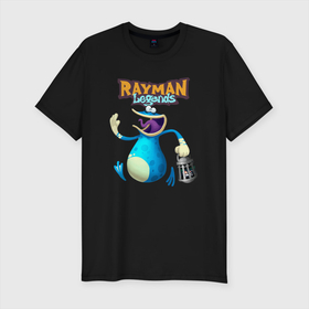 Мужская футболка хлопок Slim с принтом globox с фонарем (Rayman) в Курске, 92% хлопок, 8% лайкра | приталенный силуэт, круглый вырез ворота, длина до линии бедра, короткий рукав | Тематика изображения на принте: globox | rayman | rayman legends | глобокс | реймен | рэйман | рэймэн | человечек