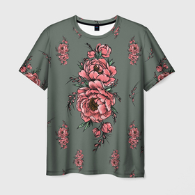 Мужская футболка 3D с принтом Нежные пионы на сером фоне в Тюмени, 100% полиэфир | прямой крой, круглый вырез горловины, длина до линии бедер | букет | весна | ветка | лето | листья | на сером | на темном | пионы | розовые | цветочки | цветущий | цветы