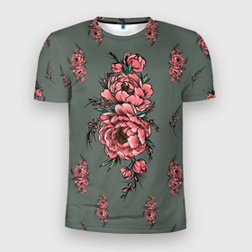 Мужская футболка 3D Slim с принтом Нежные пионы на сером фоне в Санкт-Петербурге, 100% полиэстер с улучшенными характеристиками | приталенный силуэт, круглая горловина, широкие плечи, сужается к линии бедра | букет | весна | ветка | лето | листья | на сером | на темном | пионы | розовые | цветочки | цветущий | цветы
