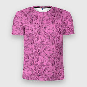 Мужская футболка 3D Slim с принтом Узор тюльпанов в Петрозаводске, 100% полиэстер с улучшенными характеристиками | приталенный силуэт, круглая горловина, широкие плечи, сужается к линии бедра | 8 марта | паттерн | тюльпаны | узор | цветы