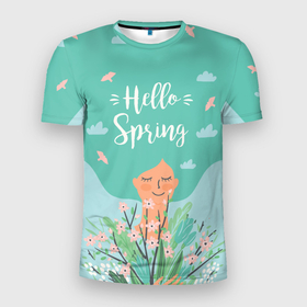 Мужская футболка 3D Slim с принтом Hello spring. в Петрозаводске, 100% полиэстер с улучшенными характеристиками | приталенный силуэт, круглая горловина, широкие плечи, сужается к линии бедра | 8 марта | букет | весна | волосы | девушка | надпись | небо | цветы