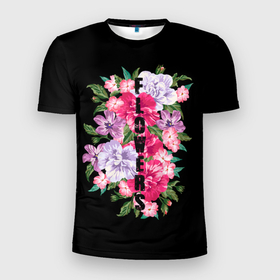 Мужская футболка 3D Slim с принтом Букет цветов. в Петрозаводске, 100% полиэстер с улучшенными характеристиками | приталенный силуэт, круглая горловина, широкие плечи, сужается к линии бедра | 8 марта | букет | надпись | праздник | цветы