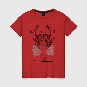 Женская футболка хлопок с принтом Девушка Рак в Екатеринбурге, 100% хлопок | прямой крой, круглый вырез горловины, длина до линии бедер, слегка спущенное плечо | зодиак | клешня | луна | рак | скетч | уличный стиль