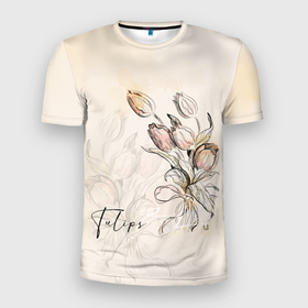 Мужская футболка 3D Slim с принтом Весеннее письмо в Петрозаводске, 100% полиэстер с улучшенными характеристиками | приталенный силуэт, круглая горловина, широкие плечи, сужается к линии бедра | 8 марта | бант | лента | надпись | тюльпаны | цветы