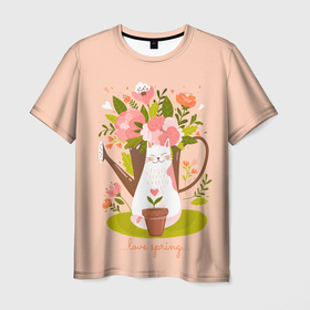Мужская футболка 3D с принтом Love spring в Санкт-Петербурге, 100% полиэфир | прямой крой, круглый вырез горловины, длина до линии бедер | букет | весна | кот | лейка | надпись | цветы