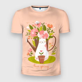 Мужская футболка 3D Slim с принтом Love spring в Петрозаводске, 100% полиэстер с улучшенными характеристиками | приталенный силуэт, круглая горловина, широкие плечи, сужается к линии бедра | букет | весна | кот | лейка | надпись | цветы