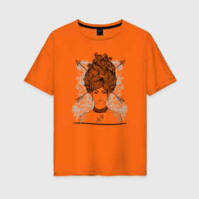 Женская футболка хлопок Oversize с принтом Девушка Стрелец в Курске, 100% хлопок | свободный крой, круглый ворот, спущенный рукав, длина до линии бедер
 | девушка | зодиак | перо | стрела | стрелец | уличный стиль