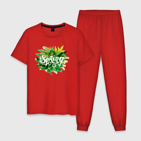 Мужская пижама хлопок с принтом Spring в Петрозаводске, 100% хлопок | брюки и футболка прямого кроя, без карманов, на брюках мягкая резинка на поясе и по низу штанин
 | весна | ветки | зелень | листва | надпсь | цветы