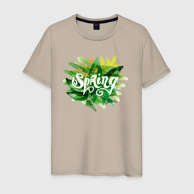 Мужская футболка хлопок с принтом Spring в Тюмени, 100% хлопок | прямой крой, круглый вырез горловины, длина до линии бедер, слегка спущенное плечо. | весна | ветки | зелень | листва | надпсь | цветы