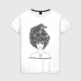 Женская футболка хлопок с принтом Девушка Рыбы в Екатеринбурге, 100% хлопок | прямой крой, круглый вырез горловины, длина до линии бедер, слегка спущенное плечо | волосы | девушка | зодиак | рыбы | скетч | уличный стиль