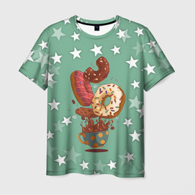 Мужская футболка 3D с принтом СЛАДКИЕ ПОНЧИКИ | DONUT в Петрозаводске, 100% полиэфир | прямой крой, круглый вырез горловины, длина до линии бедер | Тематика изображения на принте: donut | donuts | doughnut | донат | к чаю | пончик | пончики | пышка | сладости | сладость
