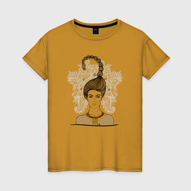Женская футболка хлопок с принтом Девушка Скорпион в Екатеринбурге, 100% хлопок | прямой крой, круглый вырез горловины, длина до линии бедер, слегка спущенное плечо | девушка | звезда | зодиак | коса | скорпион | уличный стиль