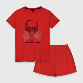 Женская пижама с шортиками хлопок с принтом Девушка Телец в Тюмени, 100% хлопок | футболка прямого кроя, шорты свободные с широкой мягкой резинкой | девушка | зодиак | локон | телец | уличный стиль | цветок