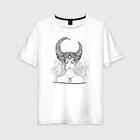 Женская футболка хлопок Oversize с принтом Девушка Телец в Новосибирске, 100% хлопок | свободный крой, круглый ворот, спущенный рукав, длина до линии бедер
 | девушка | зодиак | локон | телец | уличный стиль | цветок