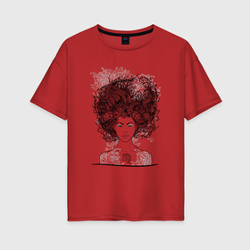 Женская футболка хлопок Oversize с принтом Девушка Дева в Тюмени, 100% хлопок | свободный крой, круглый ворот, спущенный рукав, длина до линии бедер
 | дева | девушка | зодиак | скетч | уличный стиль | цветок