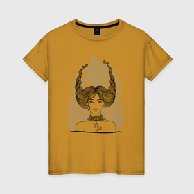 Женская футболка хлопок с принтом Девушка Козерог в Тюмени, 100% хлопок | прямой крой, круглый вырез горловины, длина до линии бедер, слегка спущенное плечо | девушка | зодиак | козерог | коса | скетч | уличный стиль