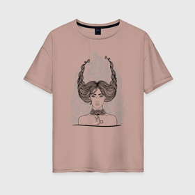 Женская футболка хлопок Oversize с принтом Девушка Козерог в Тюмени, 100% хлопок | свободный крой, круглый ворот, спущенный рукав, длина до линии бедер
 | девушка | зодиак | козерог | коса | скетч | уличный стиль