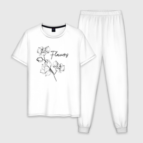 Мужская пижама хлопок с принтом Веточка цветов в Курске, 100% хлопок | брюки и футболка прямого кроя, без карманов, на брюках мягкая резинка на поясе и по низу штанин
 | ветка | контур | надпись | рисунок | цветы