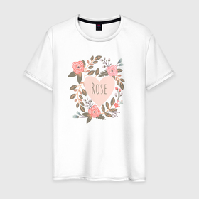 Мужская футболка хлопок с принтом Розы в сердце в Тюмени, 100% хлопок | прямой крой, круглый вырез горловины, длина до линии бедер, слегка спущенное плечо. | Тематика изображения на принте: ветки | надпись | розы | сердце | цветы