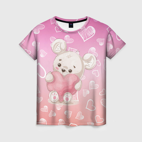 Женская футболка 3D с принтом Милый мишка в сердечках в Белгороде, 100% полиэфир ( синтетическое хлопкоподобное полотно) | прямой крой, круглый вырез горловины, длина до линии бедер | медведь | медвежонок | мишка | сердечки | сердце