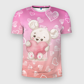 Мужская футболка 3D Slim с принтом Милый мишка в сердечках в Тюмени, 100% полиэстер с улучшенными характеристиками | приталенный силуэт, круглая горловина, широкие плечи, сужается к линии бедра | медведь | медвежонок | мишка | сердечки | сердце