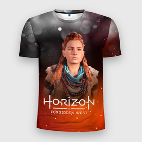 Мужская футболка 3D Slim с принтом Horizon Fire Aloy в Екатеринбурге, 100% полиэстер с улучшенными характеристиками | приталенный силуэт, круглая горловина, широкие плечи, сужается к линии бедра | aloy | horizon | horizon forbidden west | horizon zero dawn | харайзон | хорайзон | элой