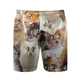 Мужские шорты спортивные с принтом Много кошек с большими анимэ глазами в Екатеринбурге,  |  | глаза анимэ кошки | глаза мультяшные | киса | киска | кисуля | кисуня | кот | котейка | котик | коты | кошек | кошка | много | с анимэ глазами