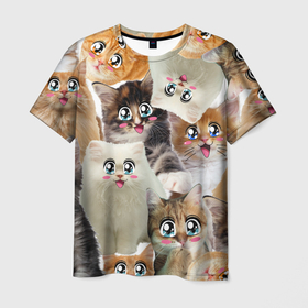 Мужская футболка 3D с принтом Много кошек с большими анимэ глазами , 100% полиэфир | прямой крой, круглый вырез горловины, длина до линии бедер | глаза анимэ кошки | глаза мультяшные | киса | киска | кисуля | кисуня | кот | котейка | котик | коты | кошек | кошка | много | с анимэ глазами