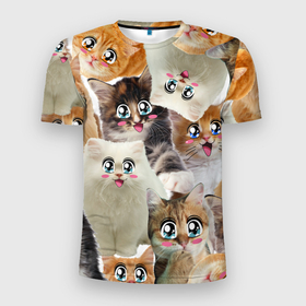 Мужская футболка 3D Slim с принтом Много кошек с большими анимэ глазами в Санкт-Петербурге, 100% полиэстер с улучшенными характеристиками | приталенный силуэт, круглая горловина, широкие плечи, сужается к линии бедра | глаза анимэ кошки | глаза мультяшные | киса | киска | кисуля | кисуня | кот | котейка | котик | коты | кошек | кошка | много | с анимэ глазами