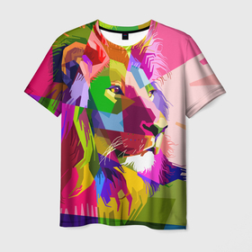 Мужская футболка 3D с принтом lion | abstraction в Санкт-Петербурге, 100% полиэфир | прямой крой, круглый вырез горловины, длина до линии бедер | abstraction | cats | lion | кошки | лев