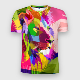 Мужская футболка 3D Slim с принтом lion | abstraction в Санкт-Петербурге, 100% полиэстер с улучшенными характеристиками | приталенный силуэт, круглая горловина, широкие плечи, сужается к линии бедра | abstraction | cats | lion | кошки | лев