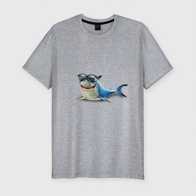 Мужская футболка хлопок Slim с принтом акула   в очках в Белгороде, 92% хлопок, 8% лайкра | приталенный силуэт, круглый вырез ворота, длина до линии бедра, короткий рукав | акула | вочках | зубы | рыба | рыбы | улыбка