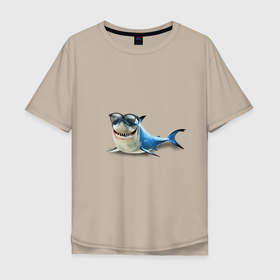 Мужская футболка хлопок Oversize с принтом акула   в очках в Белгороде, 100% хлопок | свободный крой, круглый ворот, “спинка” длиннее передней части | акула | вочках | зубы | рыба | рыбы | улыбка