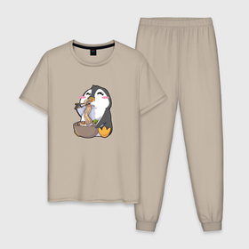 Мужская пижама хлопок с принтом Pinguin Ramen в Новосибирске, 100% хлопок | брюки и футболка прямого кроя, без карманов, на брюках мягкая резинка на поясе и по низу штанин
 | anime | bowl | kawaii | аниме | вкусный | еда | китайский | корейский | лапша | милый | мимими | пингвин | рамен | японский