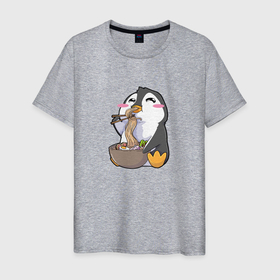 Мужская футболка хлопок с принтом Pinguin Ramen в Белгороде, 100% хлопок | прямой крой, круглый вырез горловины, длина до линии бедер, слегка спущенное плечо. | anime | bowl | kawaii | аниме | вкусный | еда | китайский | корейский | лапша | милый | мимими | пингвин | рамен | японский