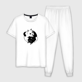 Мужская пижама хлопок с принтом Yin Yang Black And White Cats в Новосибирске, 100% хлопок | брюки и футболка прямого кроя, без карманов, на брюках мягкая резинка на поясе и по низу штанин
 | белый | ин ян | инь нь | китайский | кот | котенок | котик | кошка | милый | противоположности | черный | японский