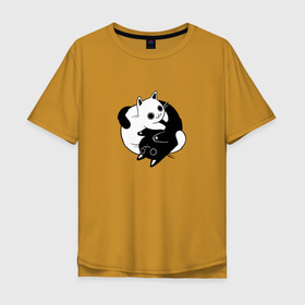 Мужская футболка хлопок Oversize с принтом Yin Yang Black And White Cats в Новосибирске, 100% хлопок | свободный крой, круглый ворот, “спинка” длиннее передней части | белый | ин ян | инь нь | китайский | кот | котенок | котик | кошка | милый | противоположности | черный | японский