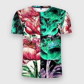 Мужская футболка 3D Slim с принтом Акварельные пионы в Петрозаводске, 100% полиэстер с улучшенными характеристиками | приталенный силуэт, круглая горловина, широкие плечи, сужается к линии бедра | акварель | акварельные цветы | искусство | негатив | пионы | цветы