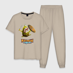 Мужская пижама хлопок с принтом Rayman Legends Зеленый человечек с щитом в Курске, 100% хлопок | брюки и футболка прямого кроя, без карманов, на брюках мягкая резинка на поясе и по низу штанин
 | legends | rayman | rayman legends | глобокс | рейман | рэйман | рэймэн