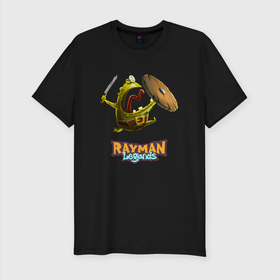 Мужская футболка хлопок Slim с принтом Rayman Legends Зеленый человечек с щитом в Санкт-Петербурге, 92% хлопок, 8% лайкра | приталенный силуэт, круглый вырез ворота, длина до линии бедра, короткий рукав | legends | rayman | rayman legends | глобокс | рейман | рэйман | рэймэн