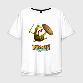 Мужская футболка хлопок Oversize с принтом Rayman Legends Зеленый человечек с щитом в Тюмени, 100% хлопок | свободный крой, круглый ворот, “спинка” длиннее передней части | legends | rayman | rayman legends | глобокс | рейман | рэйман | рэймэн