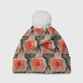 Шапка 3D c помпоном с принтом нежные розы паттерн в Курске, 100% полиэстер | универсальный размер, печать по всей поверхности изделия | паттерн | роза | розовые розы | розы | цветы