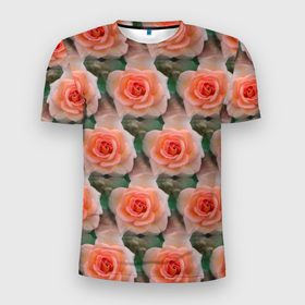 Мужская футболка 3D Slim с принтом нежные розы паттерн в Санкт-Петербурге, 100% полиэстер с улучшенными характеристиками | приталенный силуэт, круглая горловина, широкие плечи, сужается к линии бедра | Тематика изображения на принте: паттерн | роза | розовые розы | розы | цветы